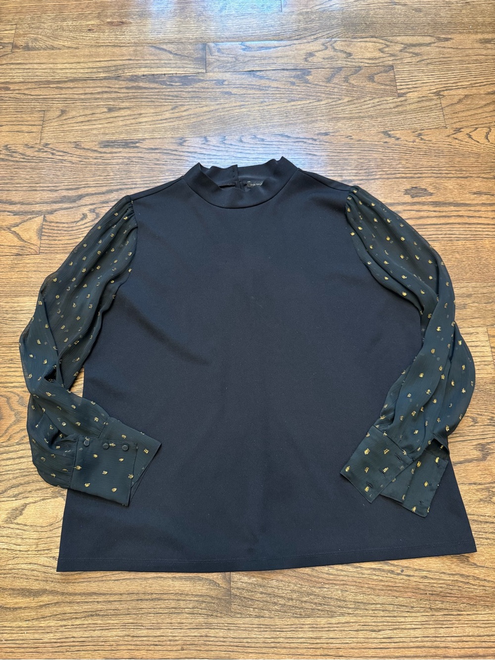 Ann Taylor Black Gold Dot Sheer Sleeve Mock Neck Top XL